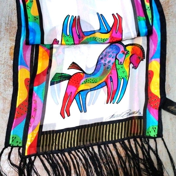 Laurel Burch Accessories - Laurel Burch 100% Silk Horse Scarf With Black Fringe/ Colorful/ Wild Horses
